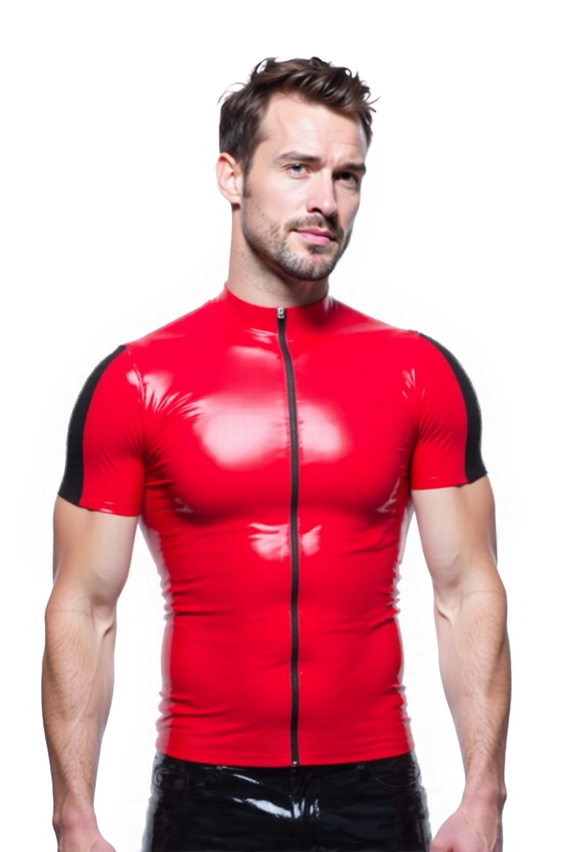 Joylgbt Men's High-Gloss Red & Black Short Sleeve Zip-Up Top