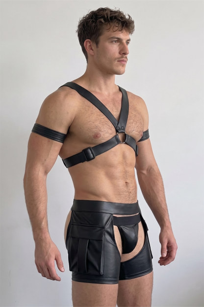 Men’s PU Leather  X Harness Shorts Set（No armbands included.）