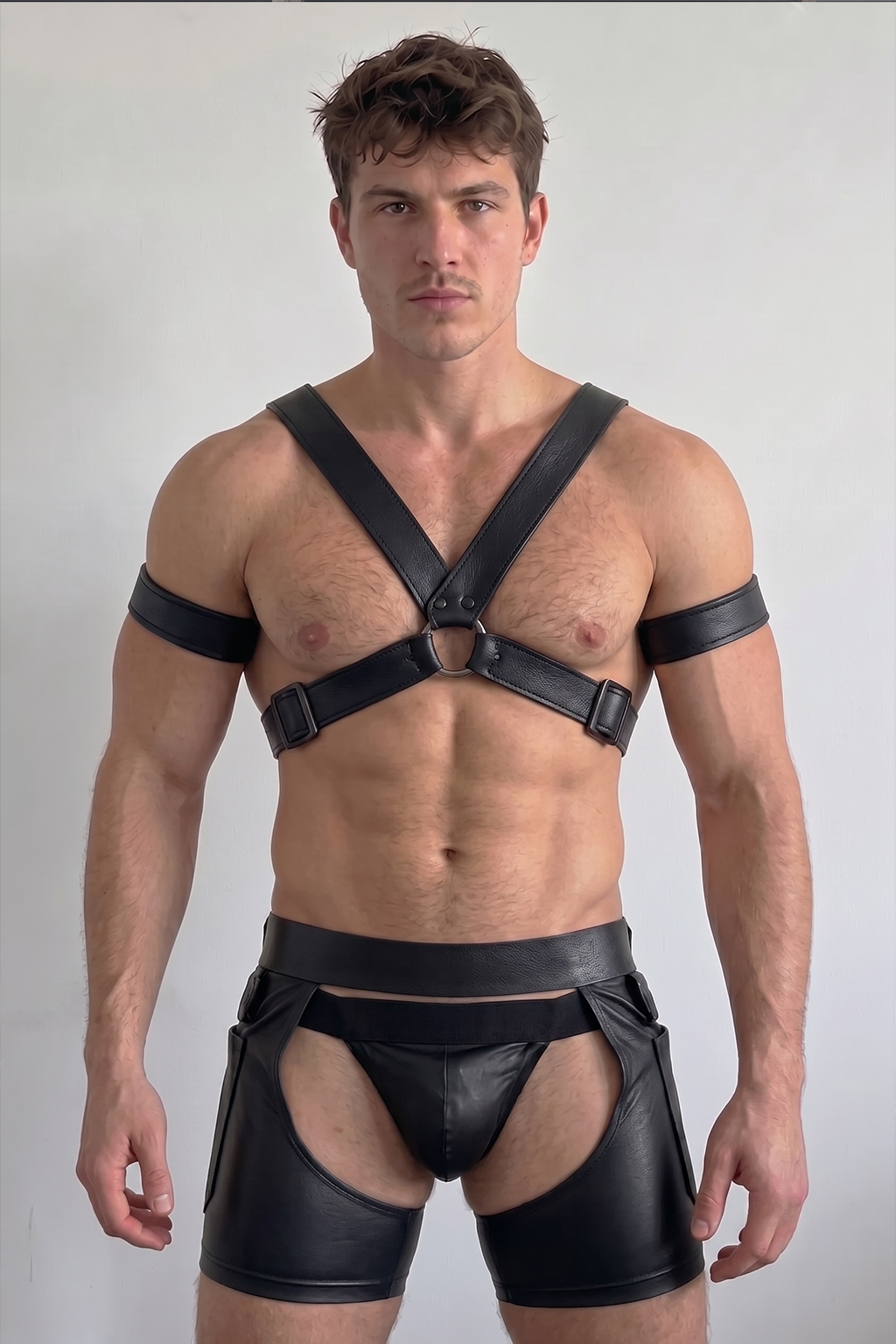 Men’s PU Leather  X Harness Shorts Set（No armbands included.）