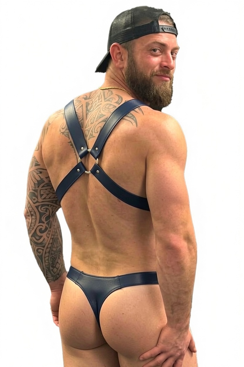 Joylgbt Blue Cross-Strap Faux Leather Harness Bodysuit