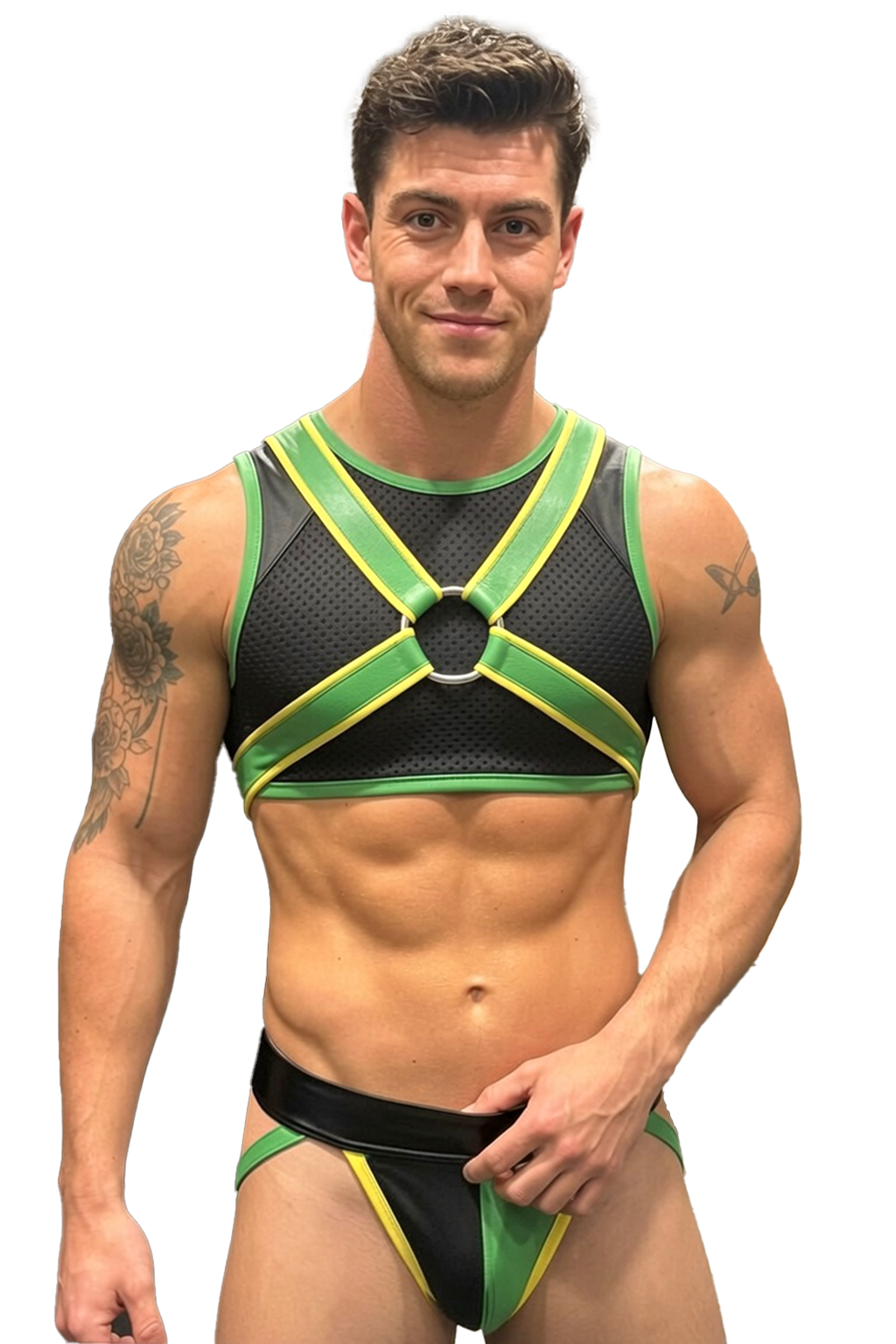 Joylgbt Green Colorblock Mesh Harness Thong Set