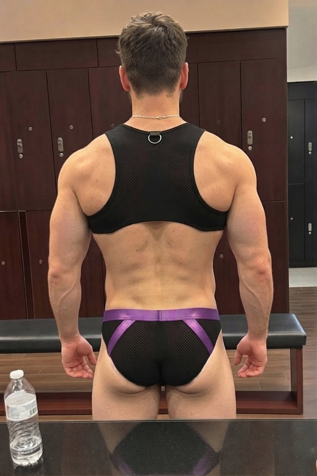 Joylgbt Men’s Black Purple Mesh Suspender Harness Brief Set