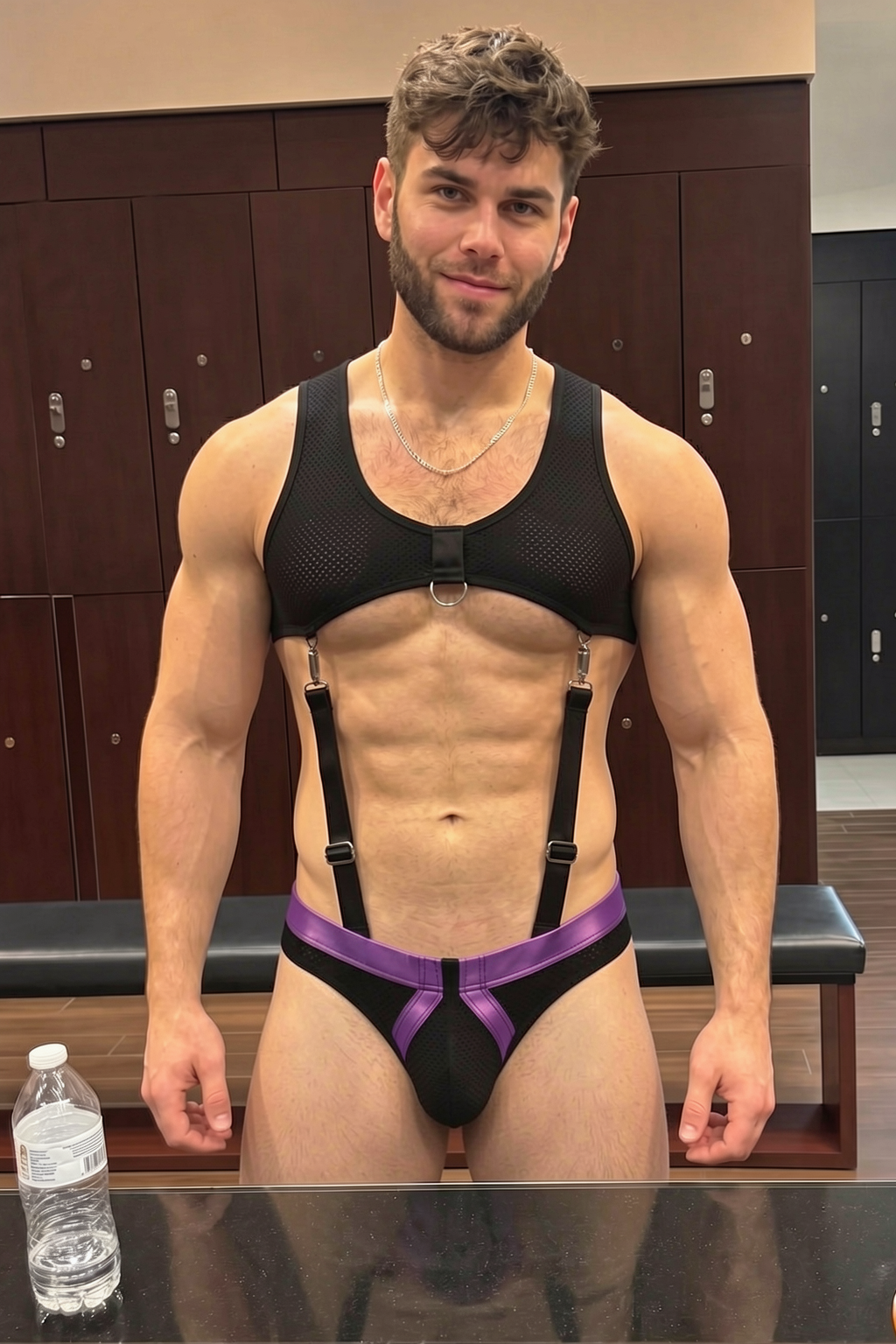 Joylgbt Men’s Black Purple Mesh Suspender Harness Brief Set