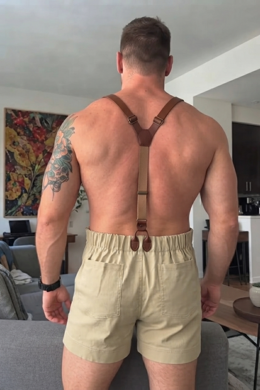 Joylgbt Men's Khaki Utility Slim-Fit Bib Short Romper