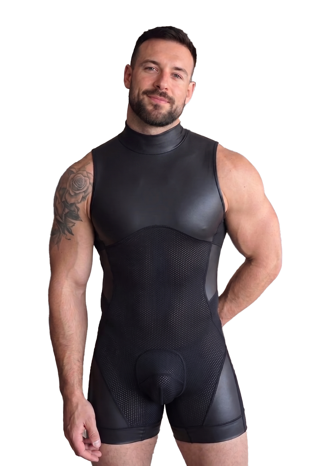 Joylgbt Black Mock Neck Mesh Panel Bodysuit Shorts