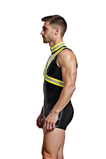 Joylgbt Men's High-Gloss Firefighter Costume Stand Collar Bodycon Shorts Jumpsuit