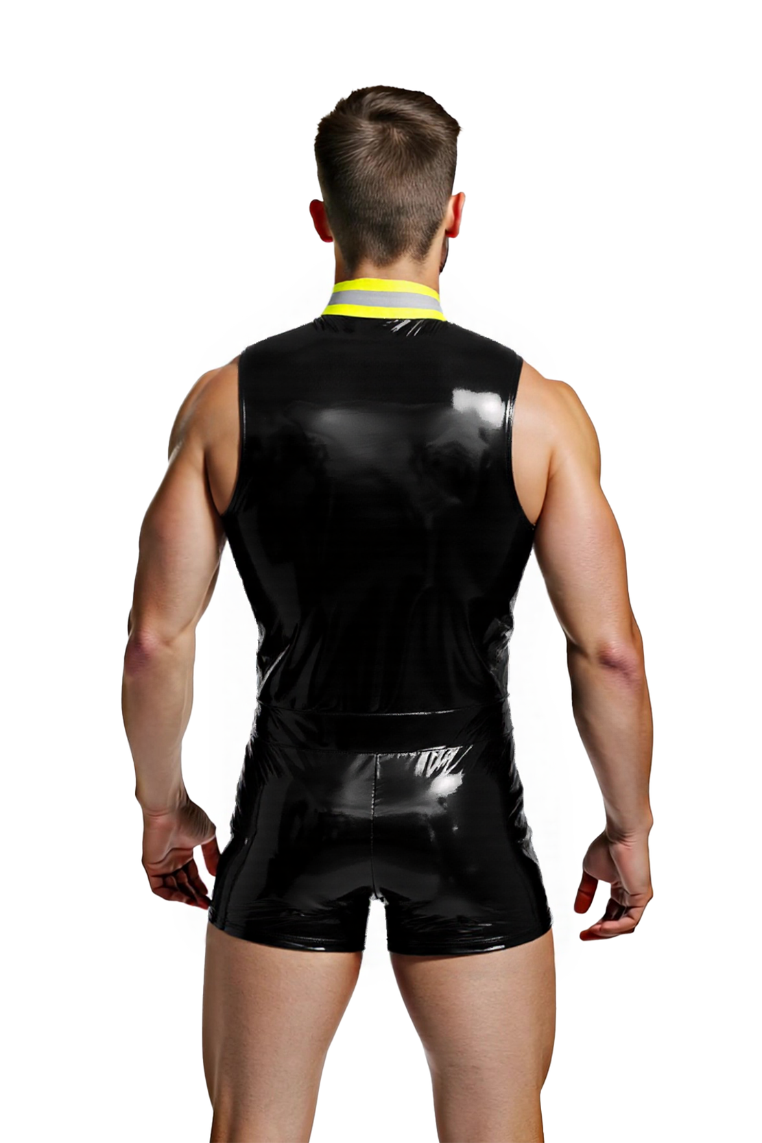 Joylgbt Men's High-Gloss Firefighter Costume Stand Collar Bodycon Shorts Jumpsuit