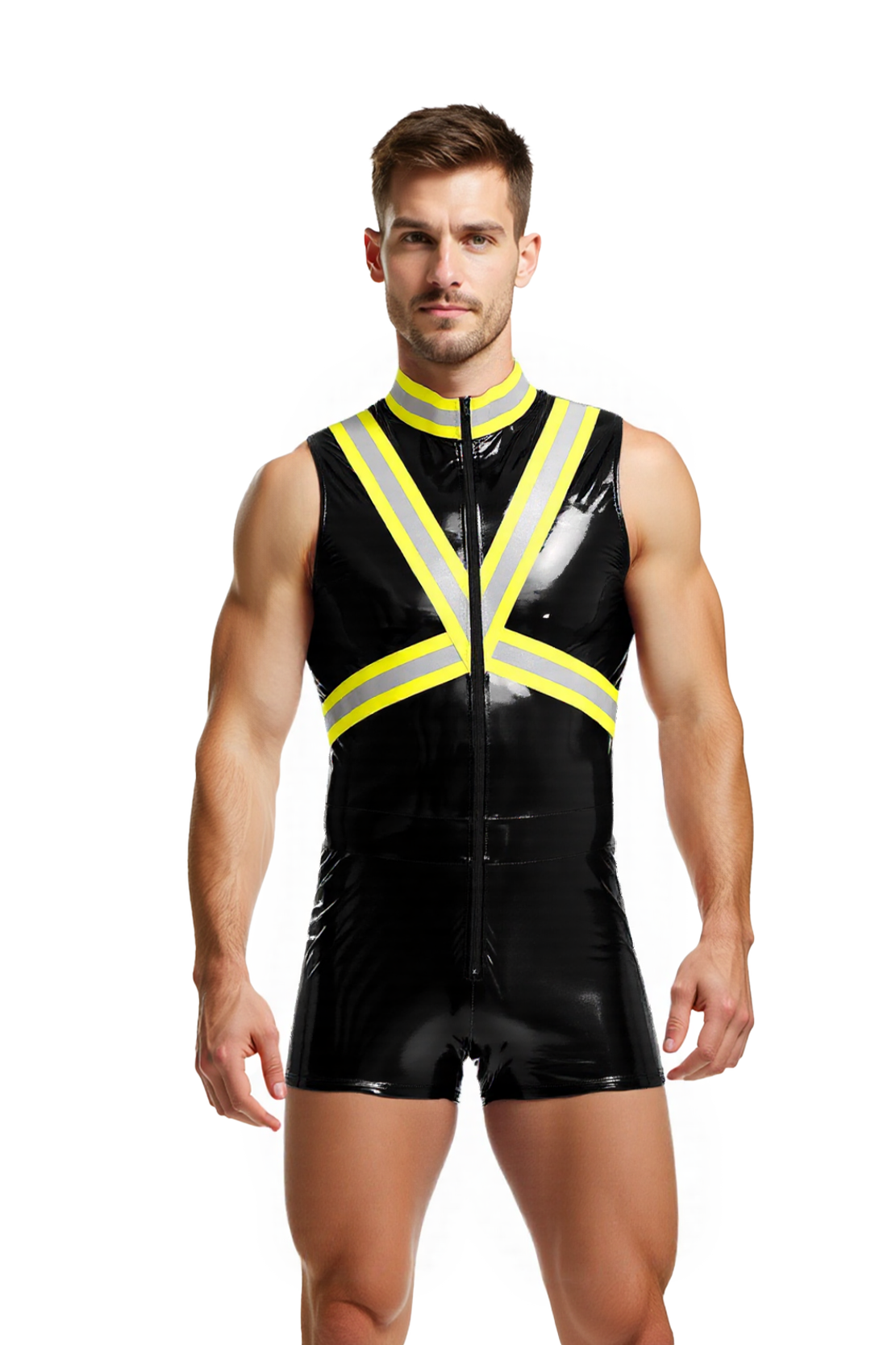Joylgbt Men's High-Gloss Firefighter Costume Stand Collar Bodycon Shorts Jumpsuit