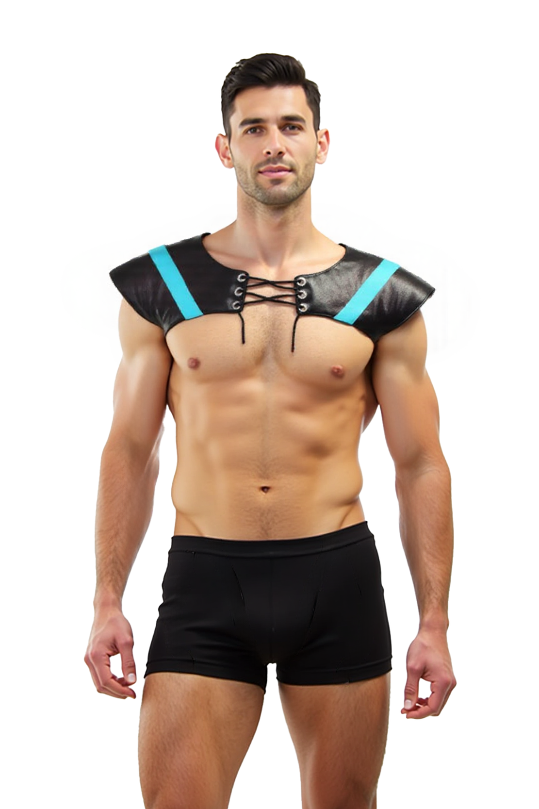 Men's Faux Leather Shoulder Harness with Blue Accents - Lace-Up Chest Design