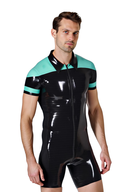 JoyLGBT Men's Faux Leather Bodysuit – Mint Green & Black Short Sleeve Zipper Romper