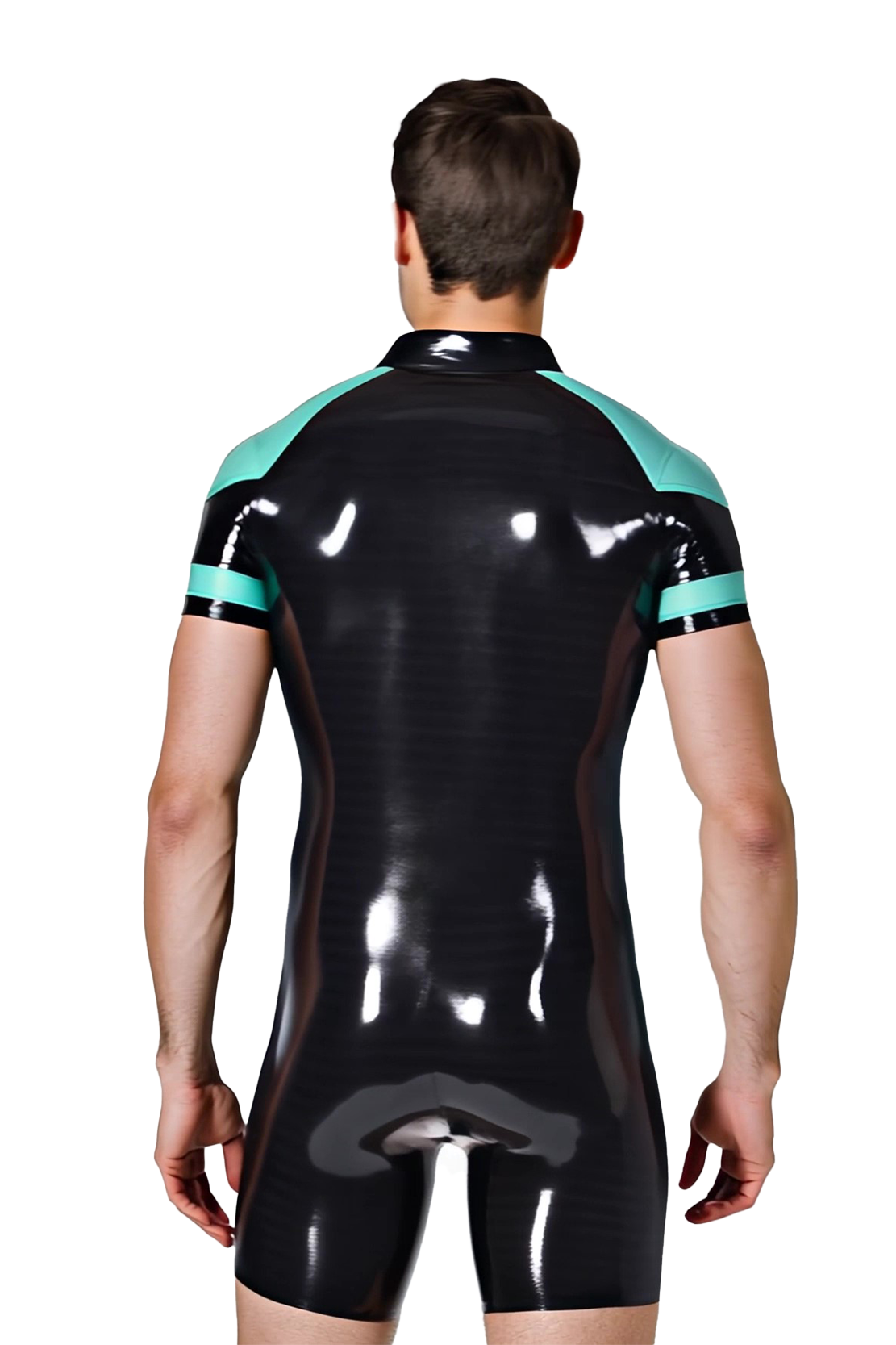 JoyLGBT Men's Faux Leather Bodysuit – Mint Green & Black Short Sleeve Zipper Romper