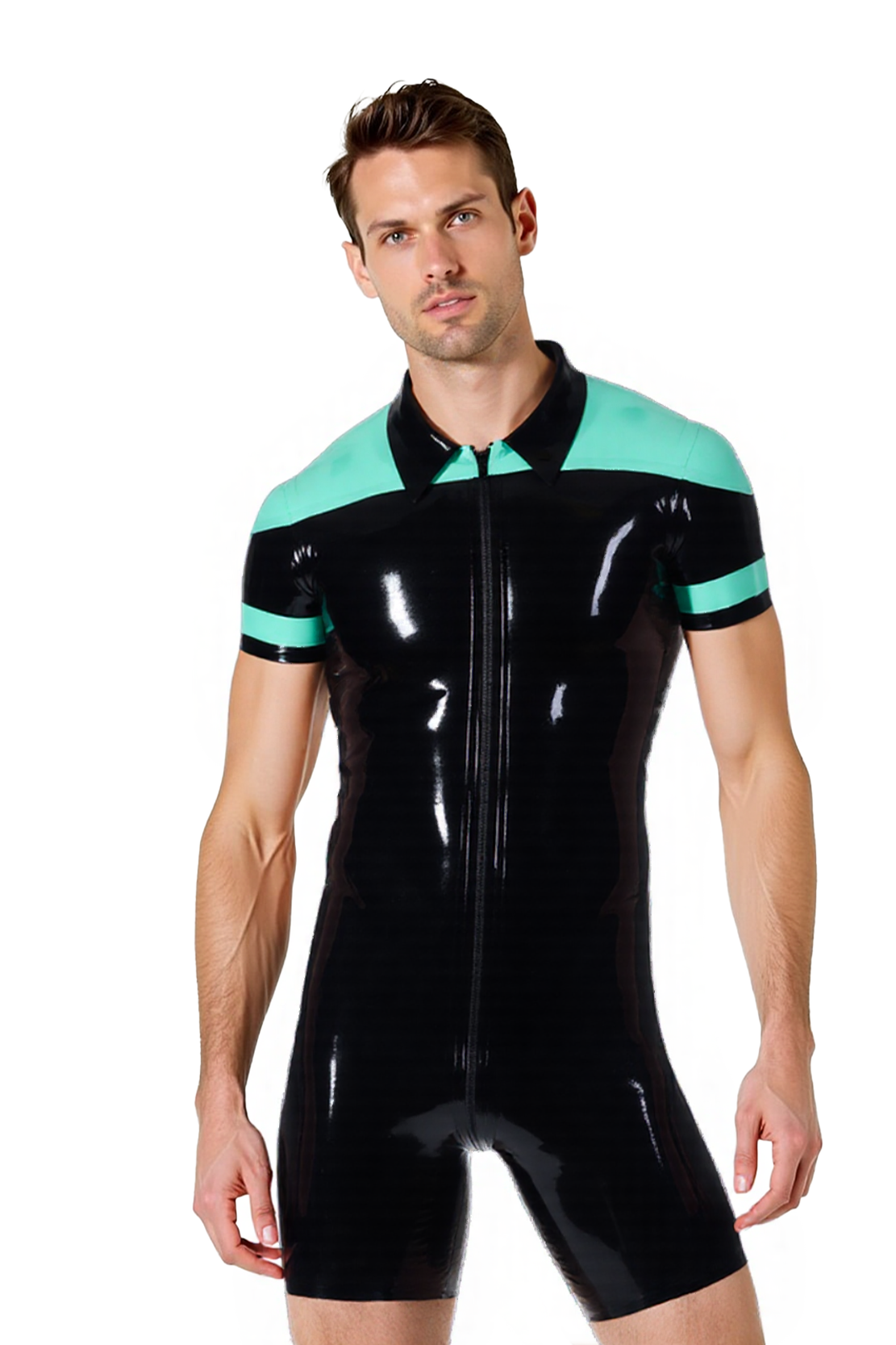 JoyLGBT Men's Faux Leather Bodysuit – Mint Green & Black Short Sleeve 