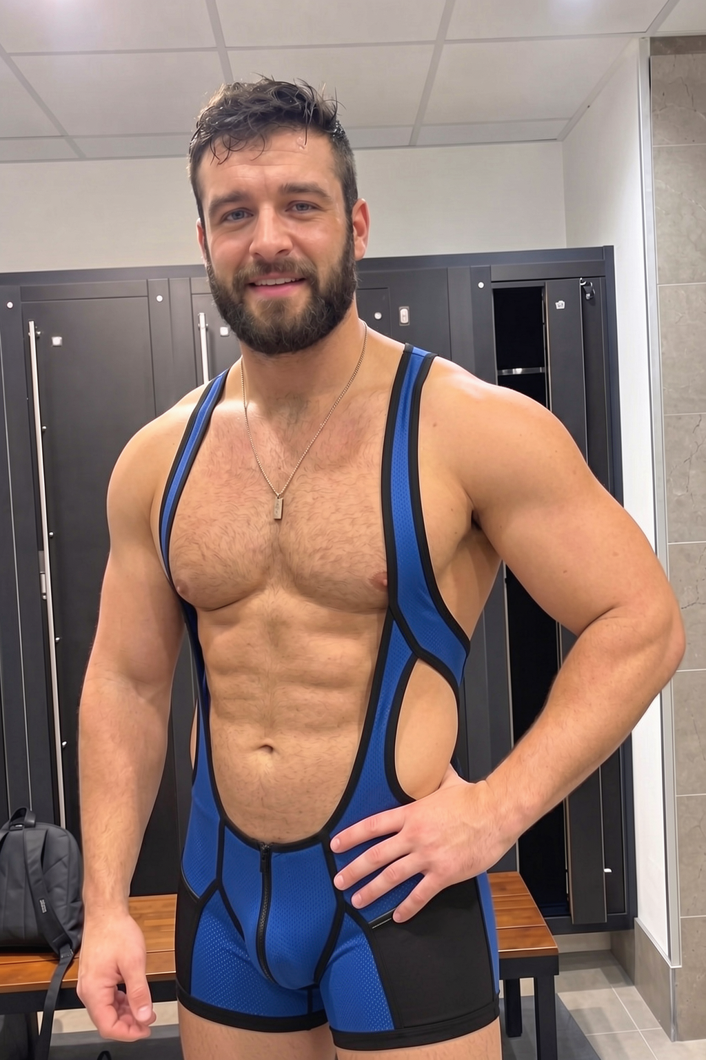 Joylgbt Blue Black Zip-Front One-Piece Shorts