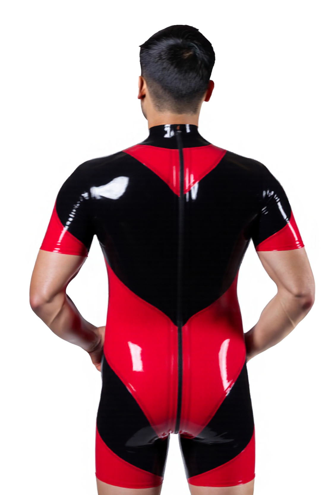 Joylgbt Men's High-Gloss Red & Black Short Sleeve Jumpsuit | Bodycon V-Panel Design with Dual Zippers