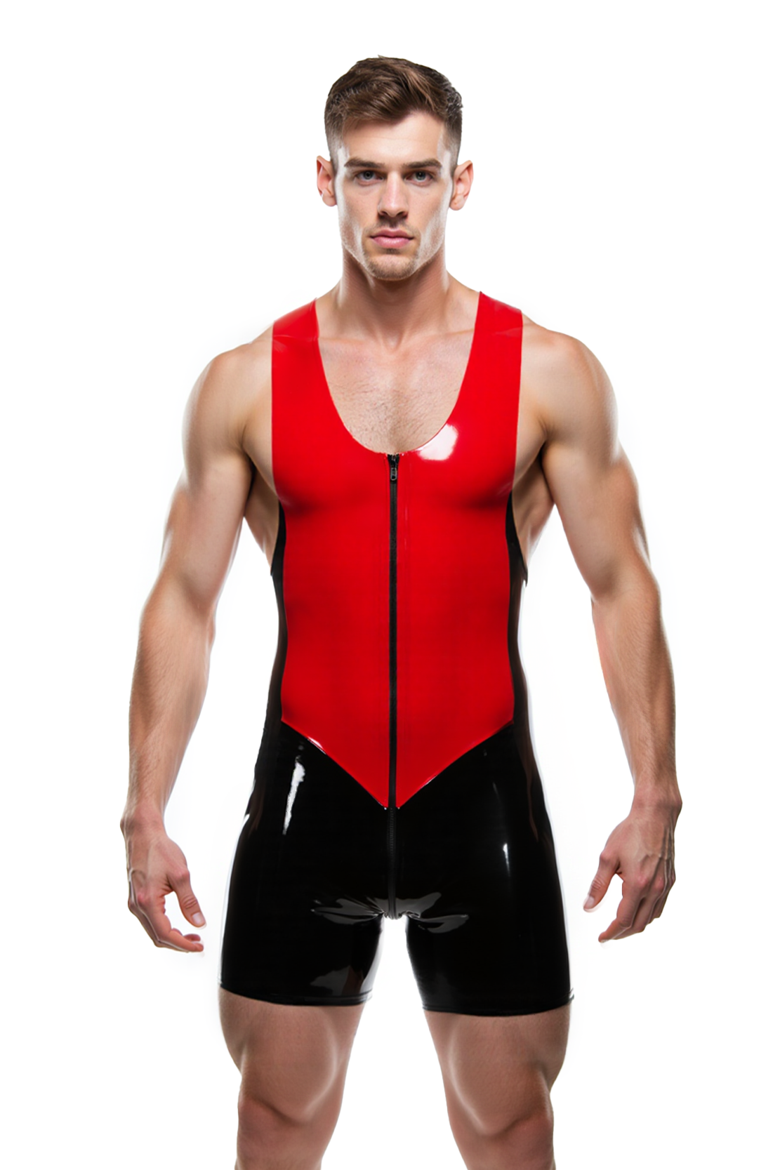 Joylgbt Men's High-Gloss Red & Black Singlet Jumpsuit | Sleeveless Bodycon with Front Zipper
