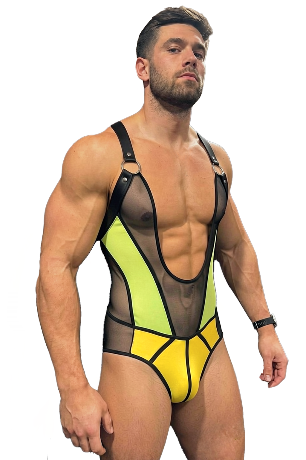 Men’s Neon Yellow Black Sheer Mesh Bodysuit