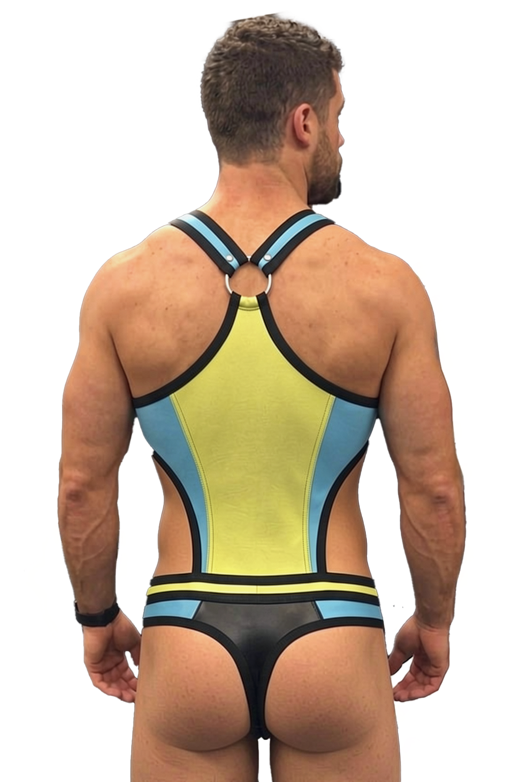 Men’s Blue Yellow Strap Zip Front Bodysuit Set