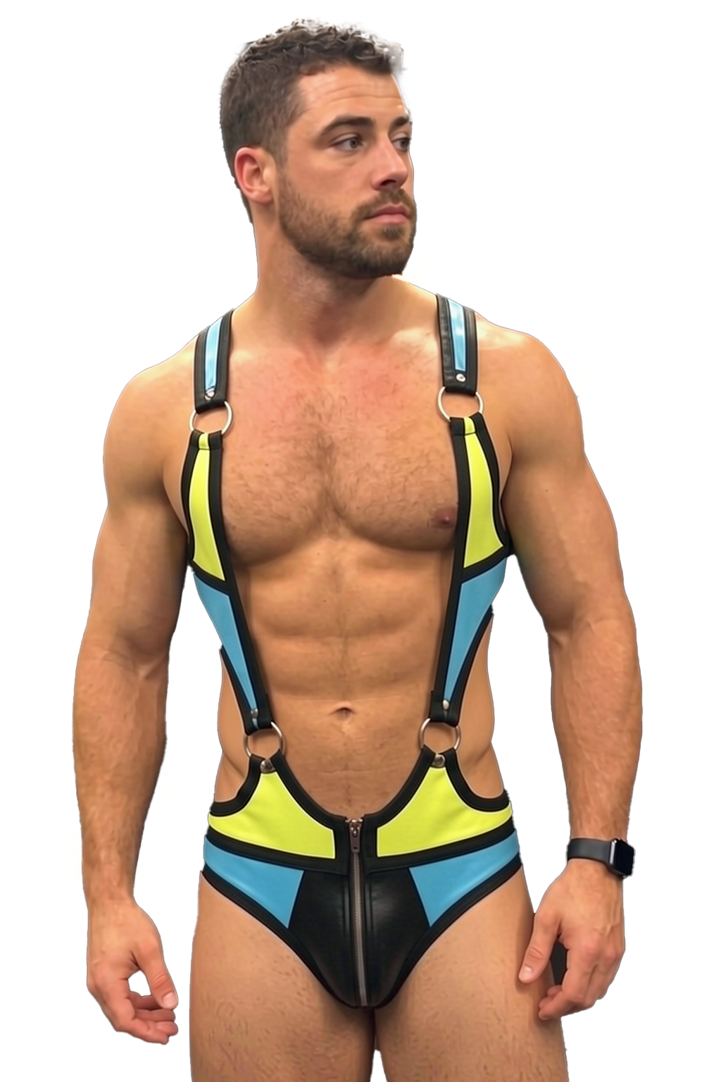 Men’s Blue Yellow Strap Zip Front Bodysuit Set