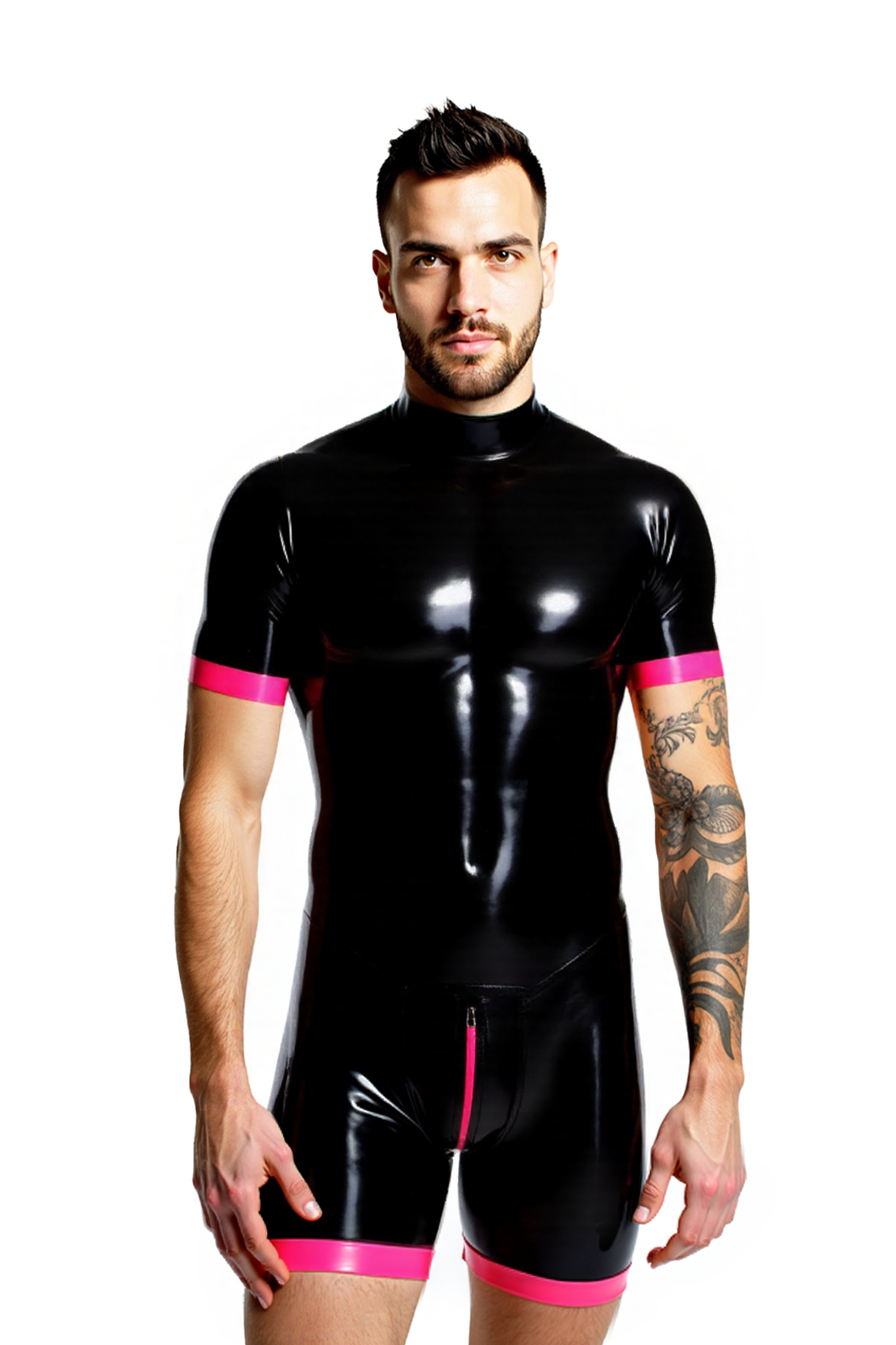 Men’s Glossy Black PU Leather Fetish Bodysuit with Pink Trim – Short Sleeve Romper | JoyLGBT