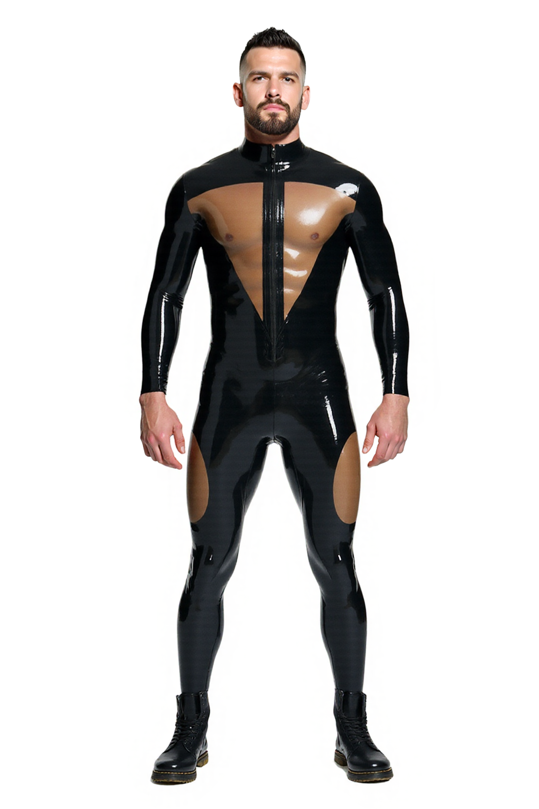 Men’s Full-Body Faux Leather Bodysuit with Muscle Illusion & Sheer Pan