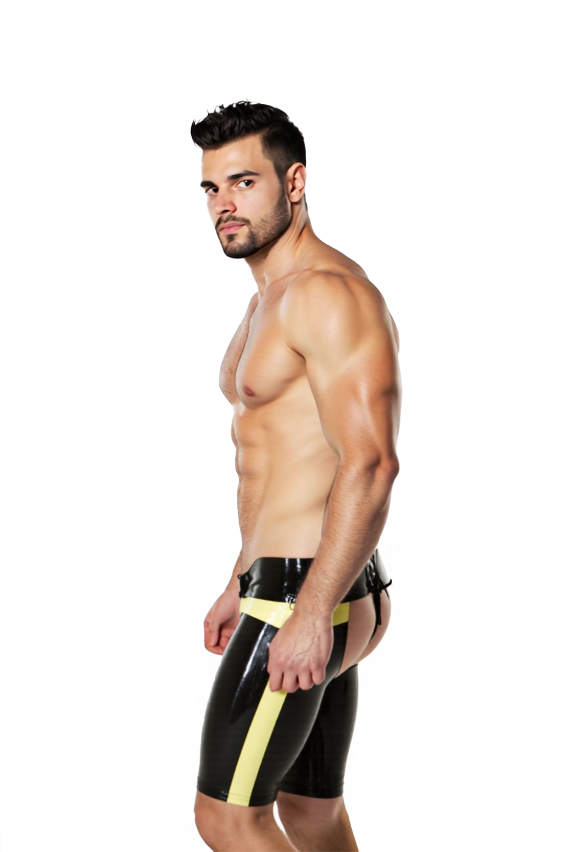Men’s Open Back Latex Jock Shorts with Yellow Stripes | JoyLGBT