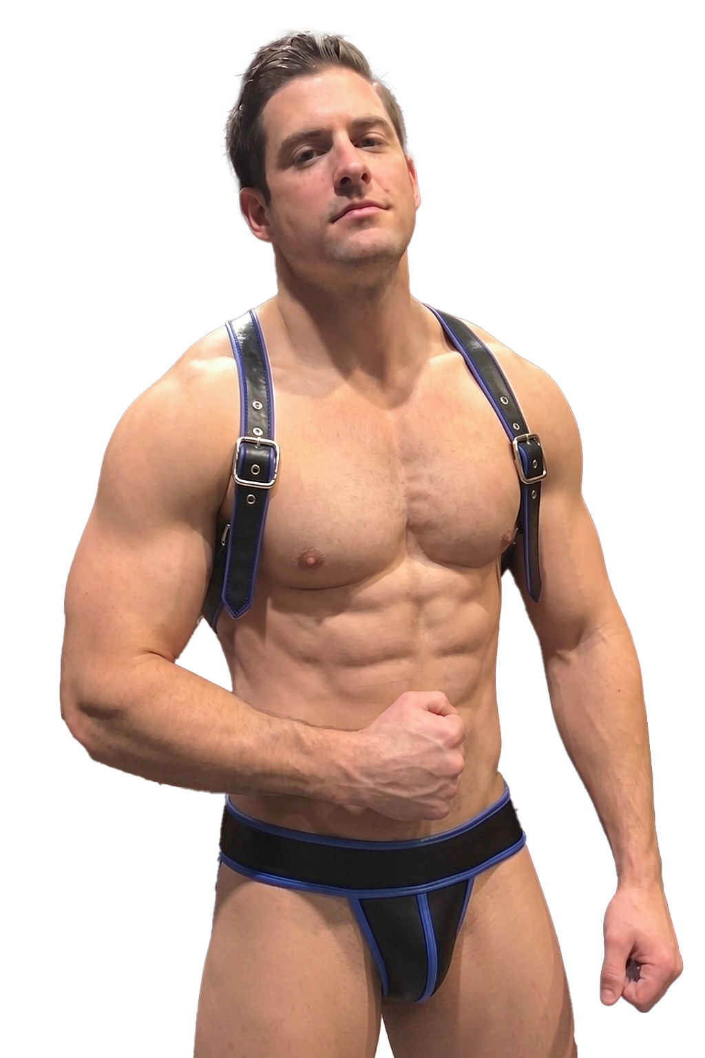 Joylgbt Men’s Blue Black Faux Leather Harness Brief Set
