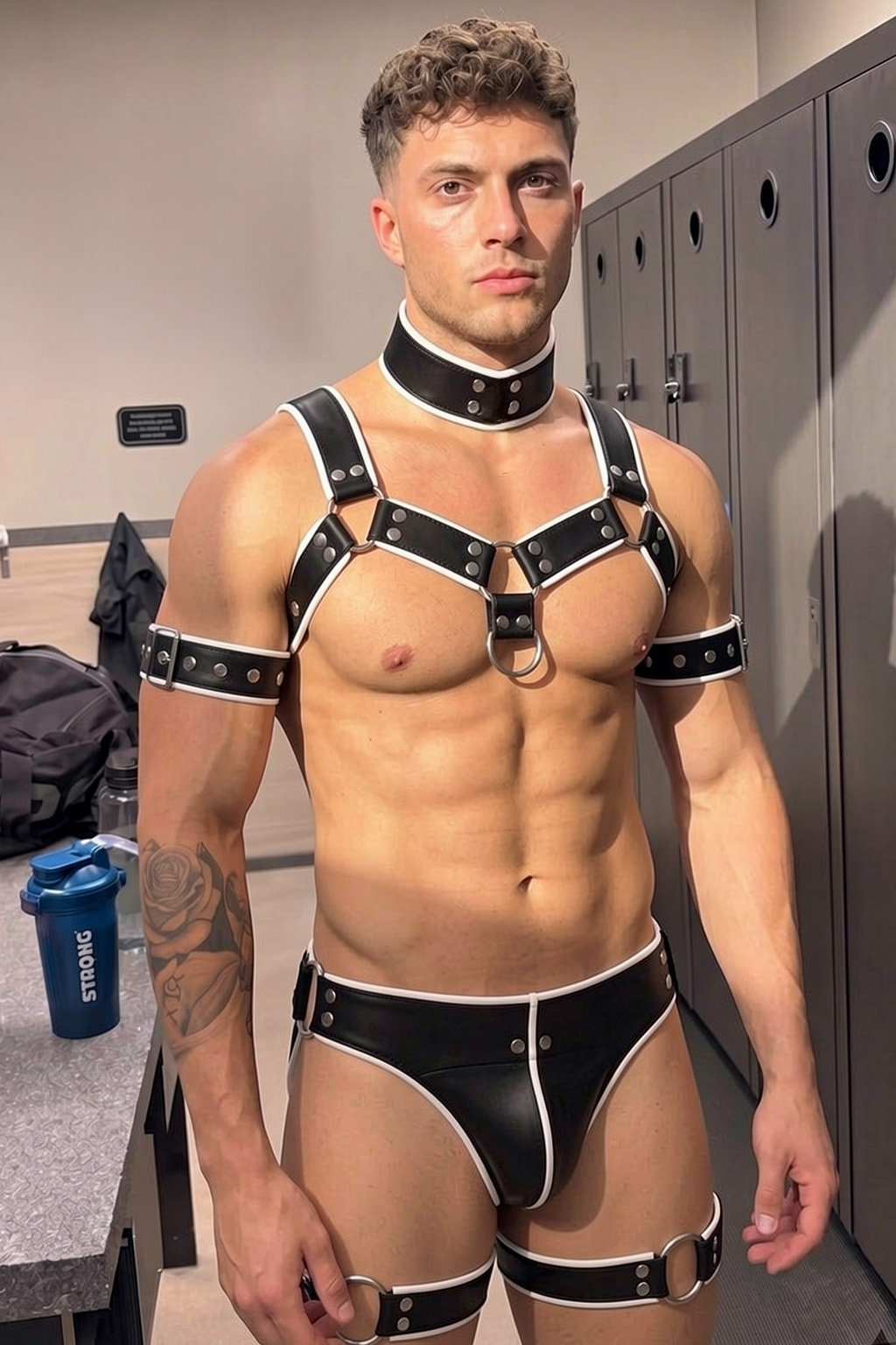 Joylgbt Men’s Black White Faux Leather Harness Accessory Set