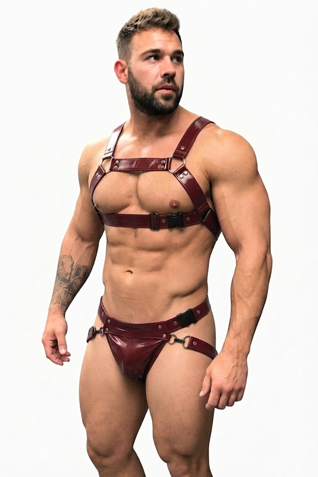 Joylgbt Men’s Burgundy Faux Leather Harness Brief Set
