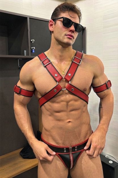 Men’s Red Black Harness Zip Brief Set