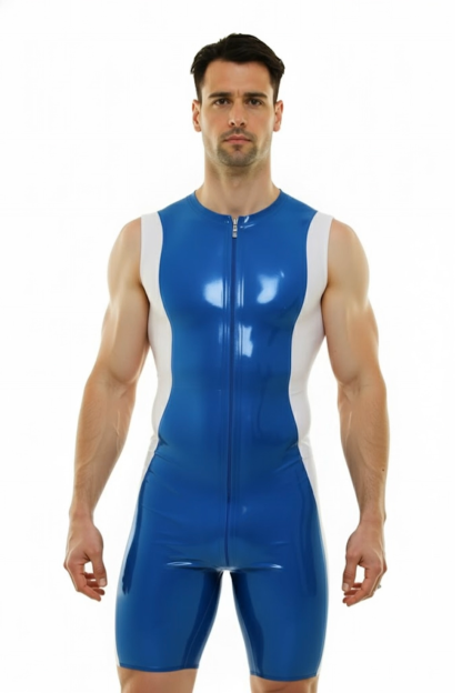 Joylgbt‘s Men’s Pro-Fit High-Shine PU Singlet | Blue & White Wet Look Wrestling Leotard with Dual Zippers