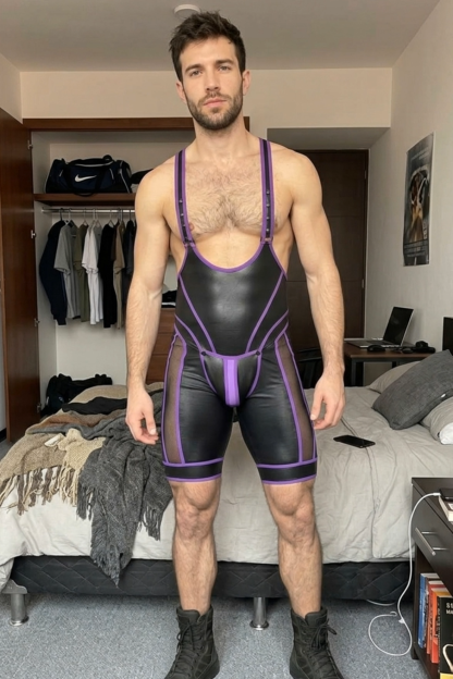 Joylgbt Men’s PU Leather & Mesh Spliced Tight Singlet Romper Shorts