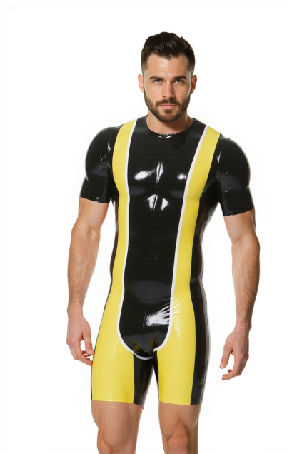 [Copy]Joylgbt's Glossy Red Deep-Cut PU Leather Singlet for Men – Sexy Sleeveless Bodysuit with Contrast Side Stripes