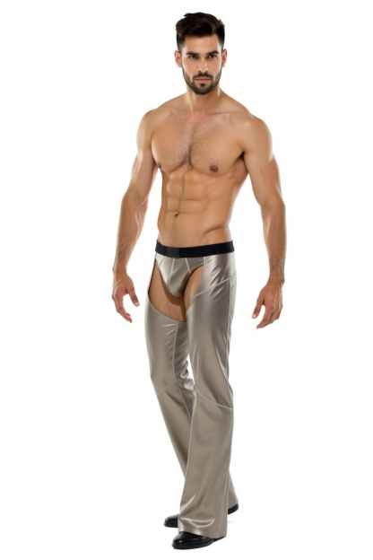 Joylgbt‘s Men's Metallic Silver Chaps Pant - Open Crotch Performance Trousers with Briefs