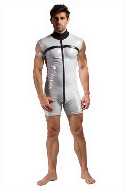 Joylgbt Futuristic Style Men's Glossy Short Suit with Zippered Front and Back