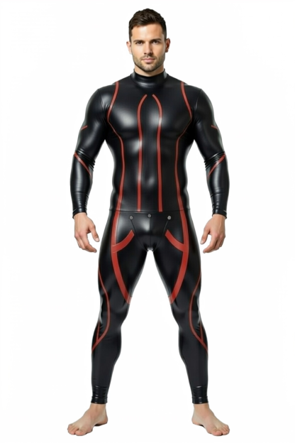 Joylgbt's Men’s Glossy Faux Leather Bodysuit – Black & Red Full-Length Fetish Suit with Snap Crotch