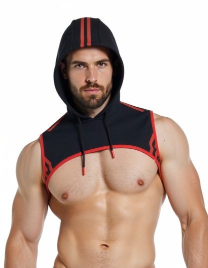 Joylgbt‘s Bold Open-Chest Muscle Hoodie - Black with Red Contrast Piping