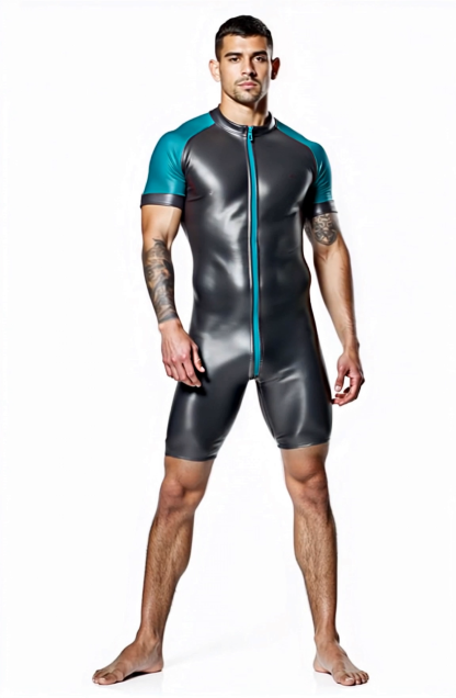 Shiny Black & Red Skin-Tight Romper – Full-Body Zip Jumpsuit