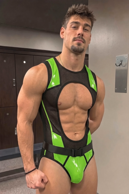 Joylgbt Men’s Yellow Black Mesh Cut-Out Belted Bodysuit