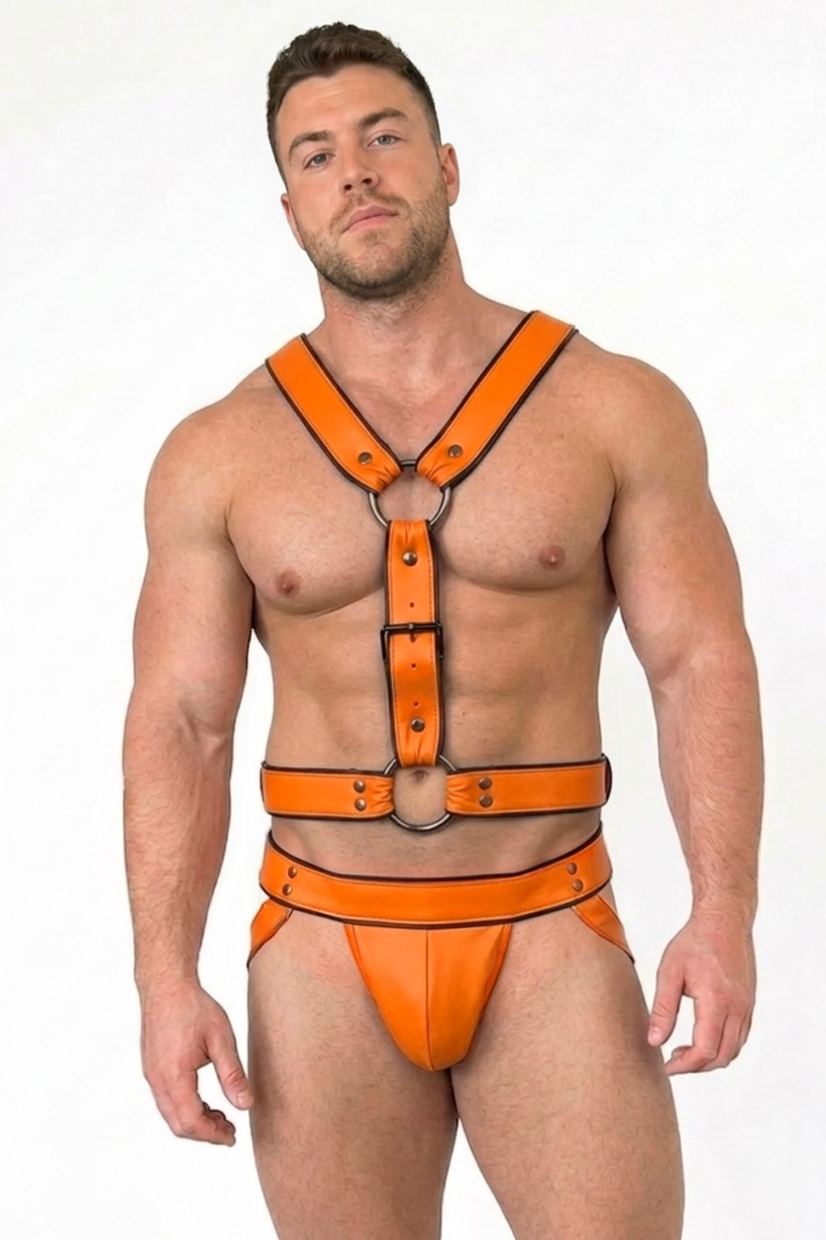 Men’s Orange PU Leather Harness & Brief Set Metal Ring Rivet Low-Rise Party Stagewear
