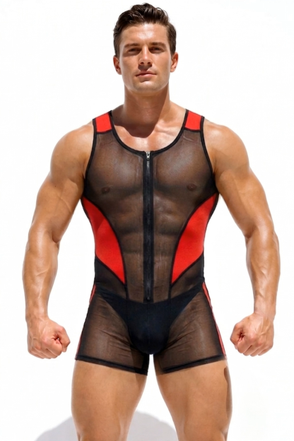 Red/Black Color‑Block Zipper Mesh Bodysuit