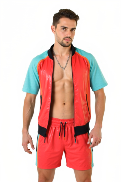 Joylgbt‘s Men's Retro Color-Block Sport Set - Shiny Red & Teal Short Sleeve Tracksuit Jacket and Shorts