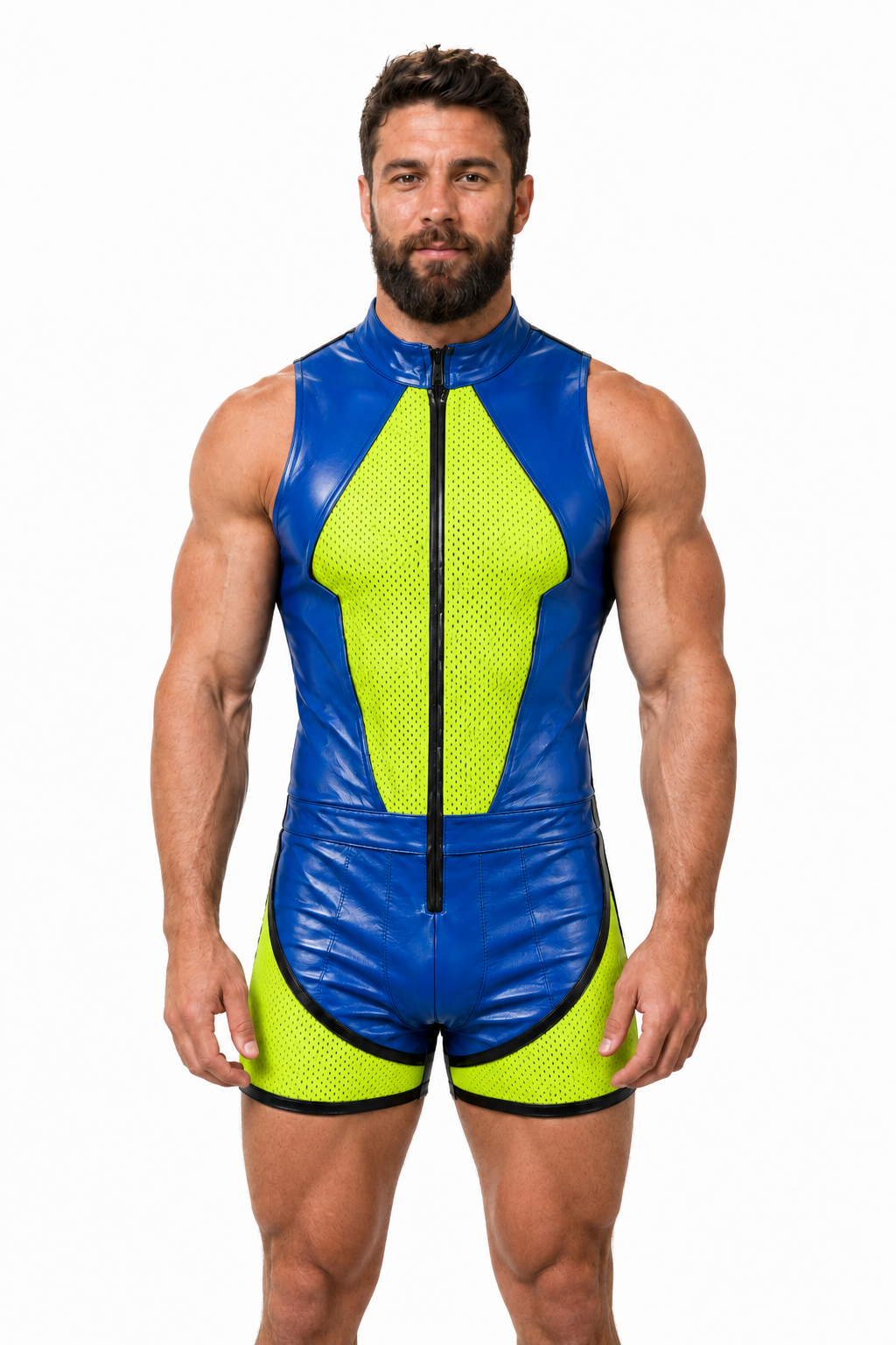 Joylgbt Men’s Blue Yellow High-Neck Bodysuit Shorts