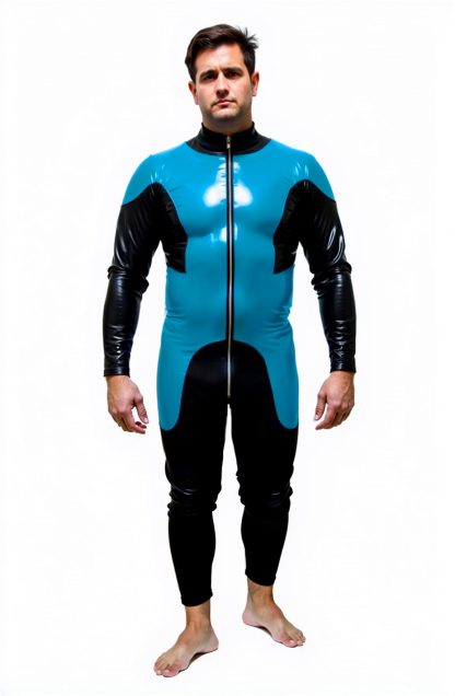 Men's Blue and Black Zip-Up Bodysuit