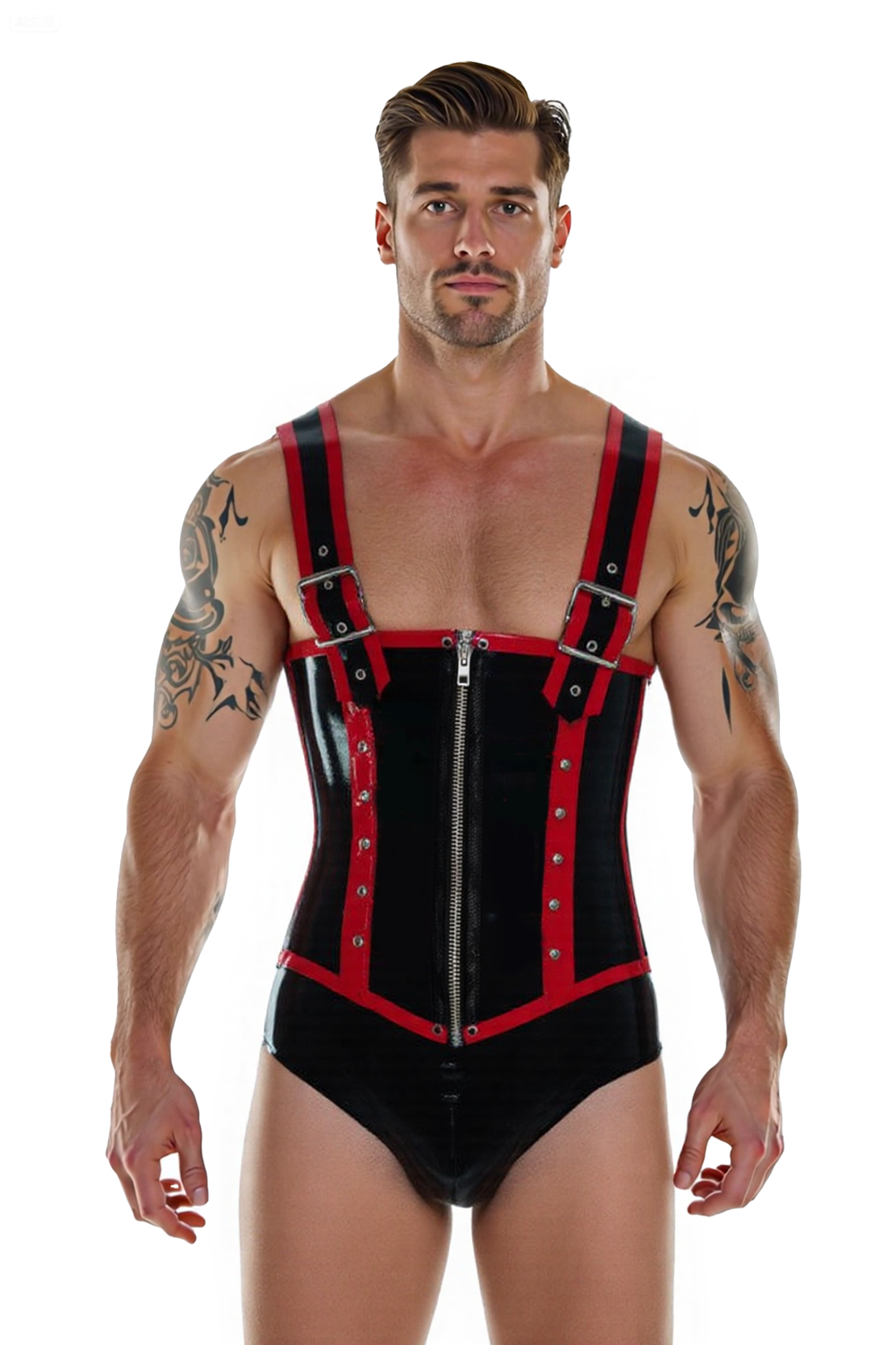 Men's Faux Leather Bondage Corset Bodysuit with Harness Straps and Zipper – Shiny PVC One-Piece Fetish Lingerie for Gay Clubwear & Roleplay