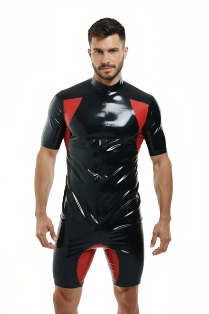 Joylgbt‘s Men’s Stealth-Elite Glossy Bodysuit | Black & Red PU Short Sleeve Leotard
