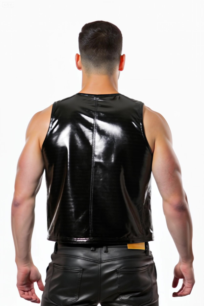 Men’s Glossy Black Leather-Look Zip Vest – Sleeveless Tight Fit Clubwear