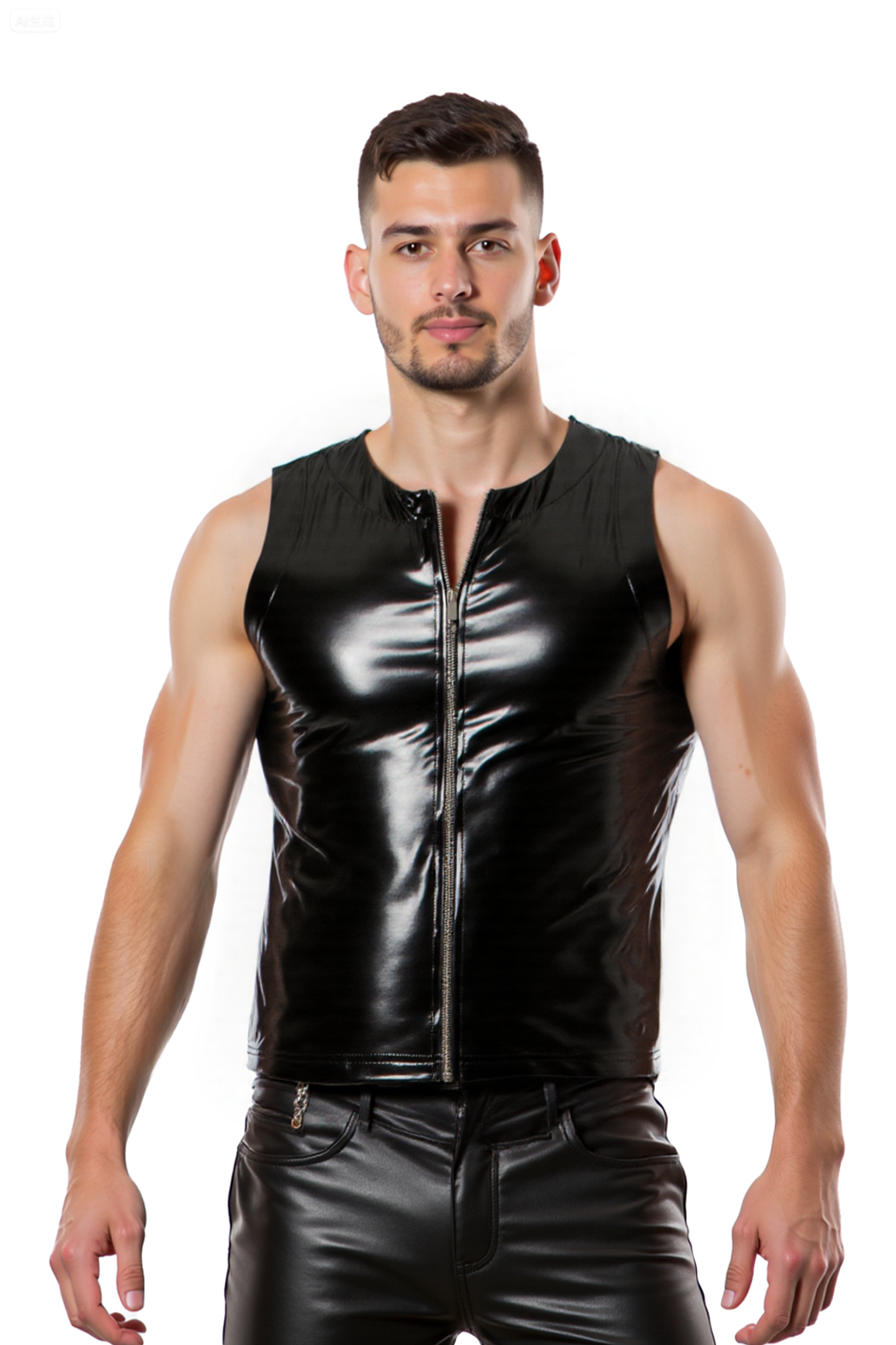 Men’s Glossy Black Leather-Look Zip Vest – Sleeveless Tight Fit Clubwear