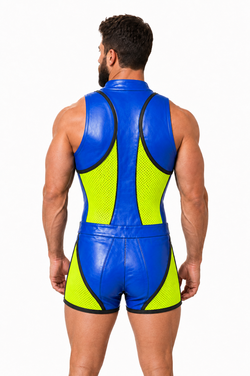 Joylgbt Men’s Blue Yellow High-Neck Bodysuit Shorts