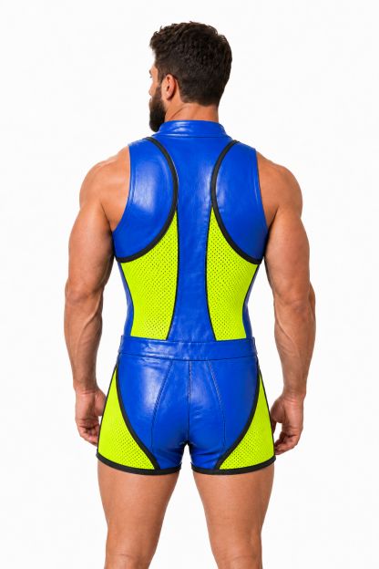 Joylgbt Men’s Blue Yellow High-Neck Bodysuit Shorts