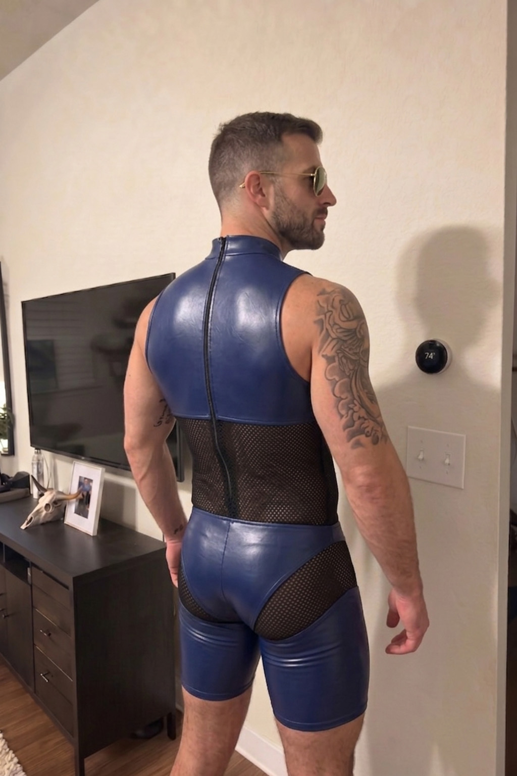 Joylgbt Men’s Blue Black High-Neck Bodysuit Shorts